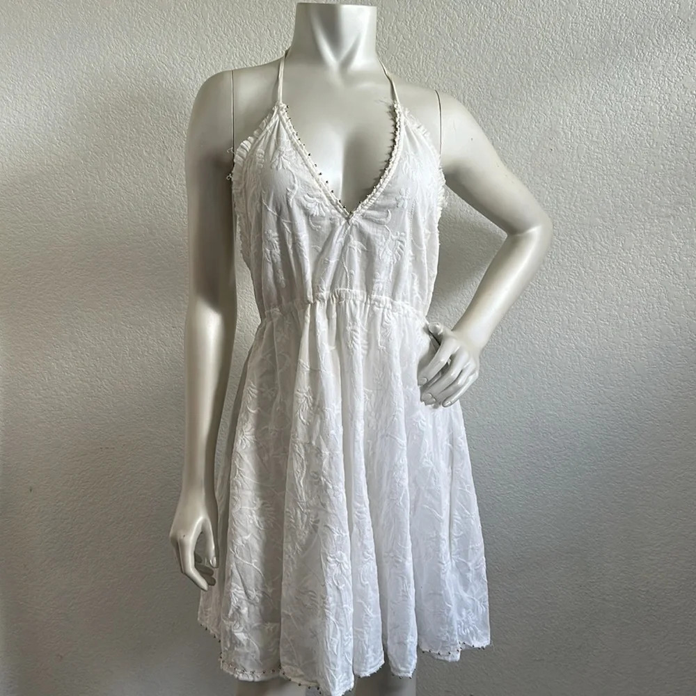 ZARA | Embroidered Open Back Halter Dress White Tassels Gold Beads Size Medium - Picture 4 of 12